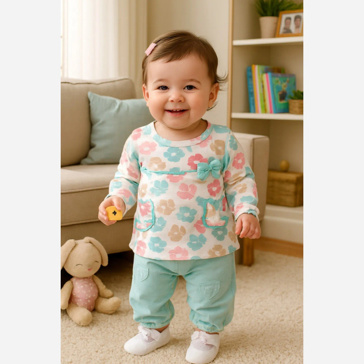 بلوز شلوار نوزادی طرح شکوفه و قلب | لباس راحتی دخترانه پنبه ای