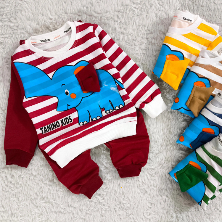 بلوز شلوار پسرانه طرح فیل راه راه نخی پنبه دورس مناسب 1 تا 4 سال