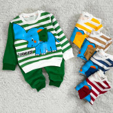 بلوز شلوار پسرانه طرح فیل راه راه نخی پنبه دورس مناسب 1 تا 4 سال