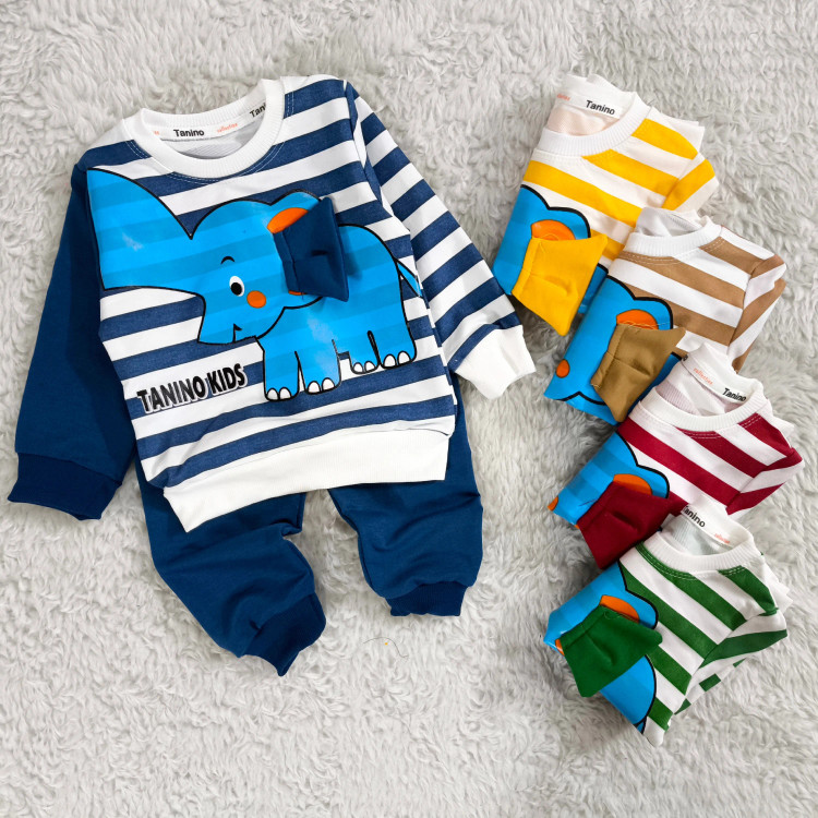 بلوز شلوار پسرانه طرح فیل راه راه نخی پنبه دورس مناسب 1 تا 4 سال