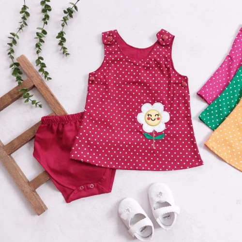 سارافون و شورت دخترانه طرح گل آفتابگردان خالدار نوزاد و کودک