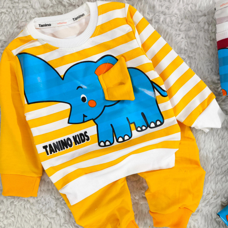 بلوز شلوار پسرانه طرح فیل راه راه نخی پنبه دورس مناسب 1 تا 4 سال