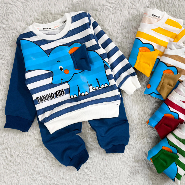 بلوز شلوار پسرانه طرح فیل راه راه نخی پنبه دورس مناسب 1 تا 4 سال