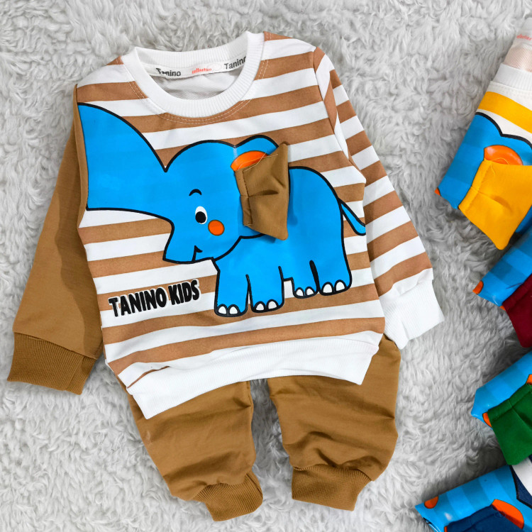 بلوز شلوار پسرانه طرح فیل راه راه نخی پنبه دورس مناسب 1 تا 4 سال