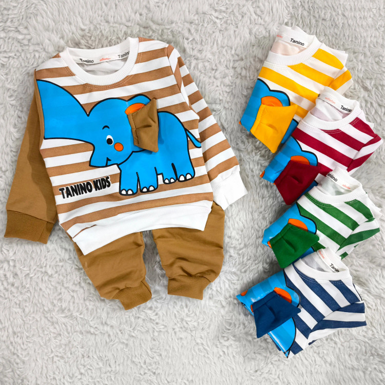 بلوز شلوار پسرانه طرح فیل راه راه نخی پنبه دورس مناسب 1 تا 4 سال