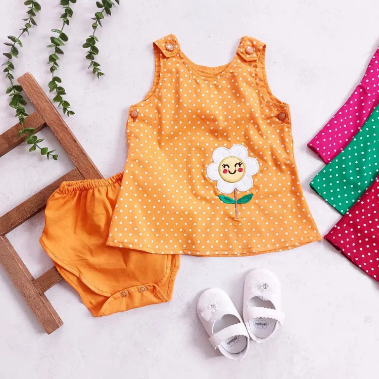سارافون و شورت دخترانه طرح گل آفتابگردان خالدار نوزاد و کودک
