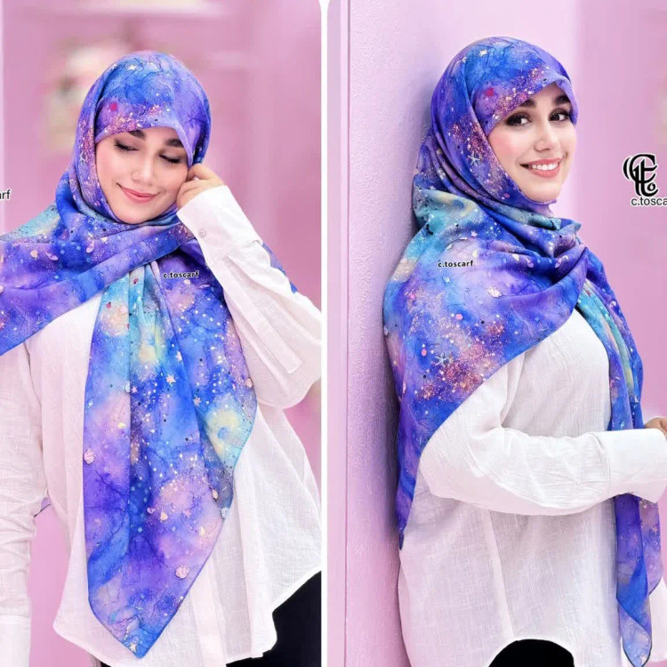 روسری طرح ساحل نخی سایز 140 | طرح کهکشانی و ستاره دریایی | خاص و شیک
