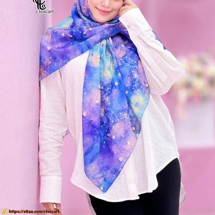 روسری طرح ساحل نخی سایز 140 | طرح کهکشانی و ستاره دریایی | خاص و شیک