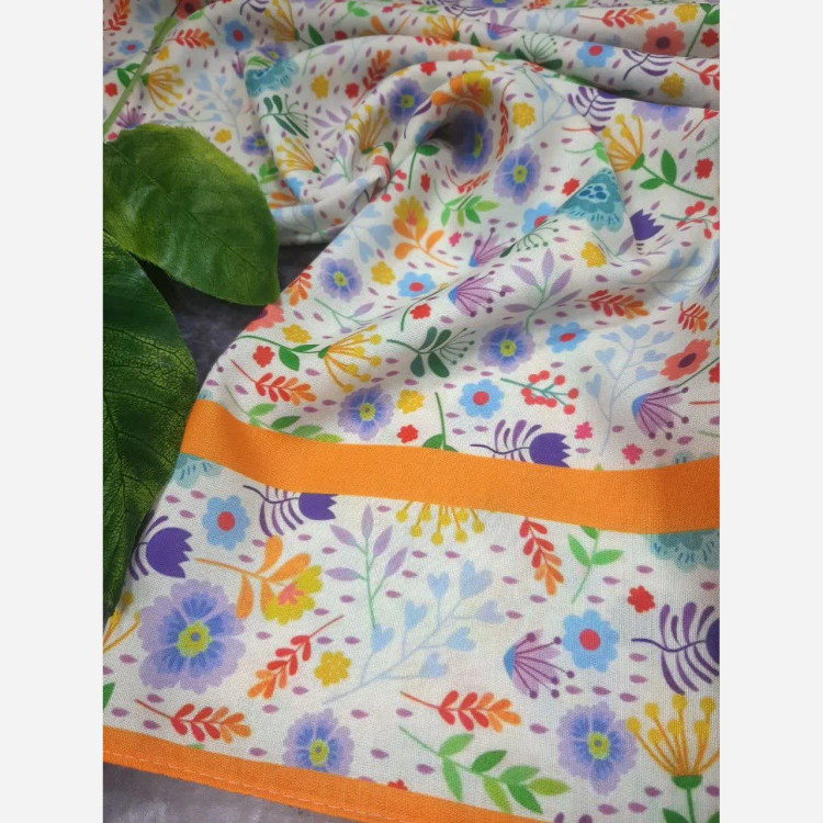 روسری طرح گلدخت بهاری تابستانی قواره بزرگ 140 سانتیمتر نخی طرح گل نارنجی شیک