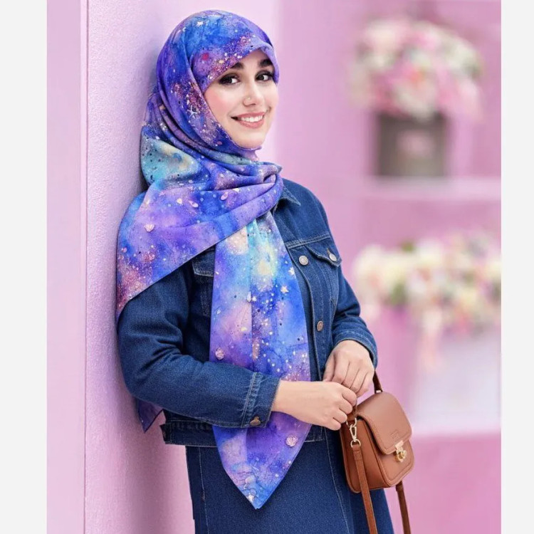روسری طرح ساحل نخی سایز 140 | طرح کهکشانی و ستاره دریایی | خاص و شیک