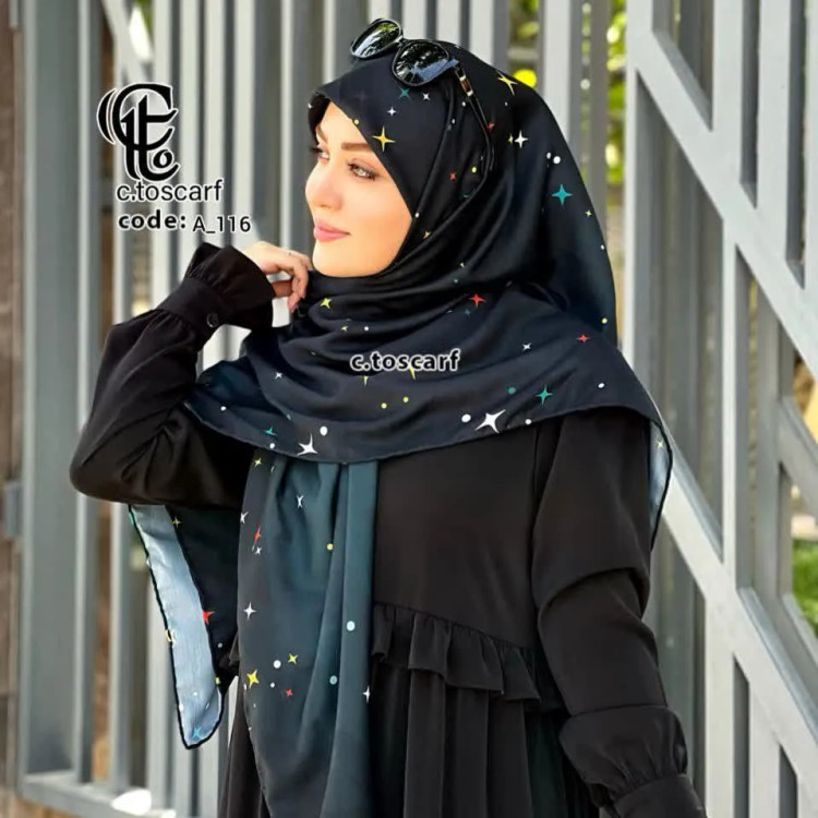 شال نخی قواره بزرگ طرح ستاره شب سرمه ای | بدون لیز خوردگی | 140 سانتی متر