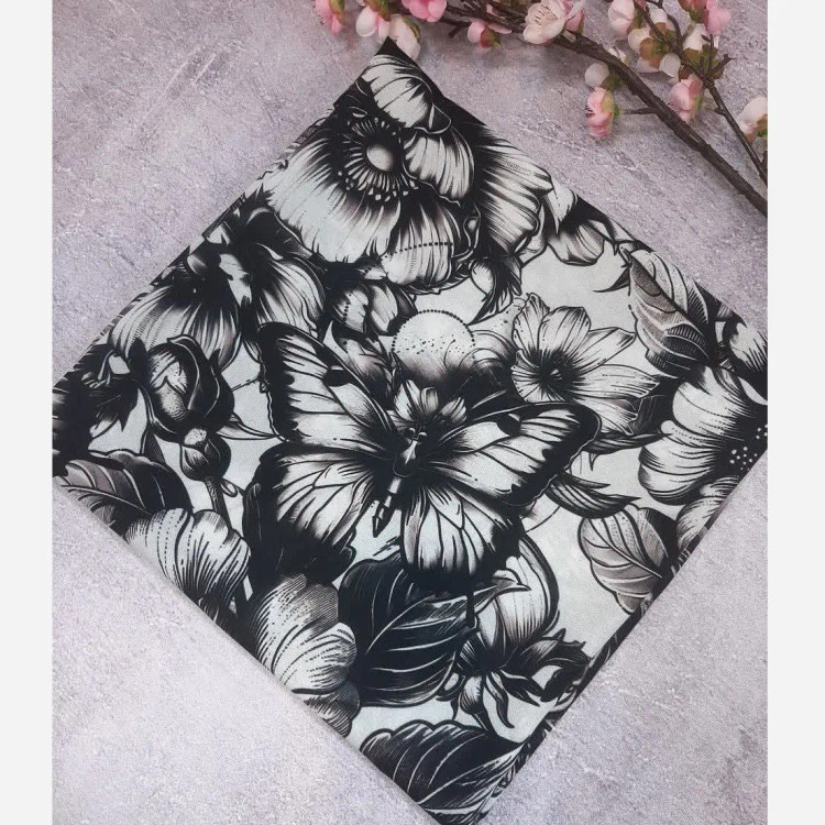 شال و روسری طرح گل و پروانه سفید مشکی نخی اعلا