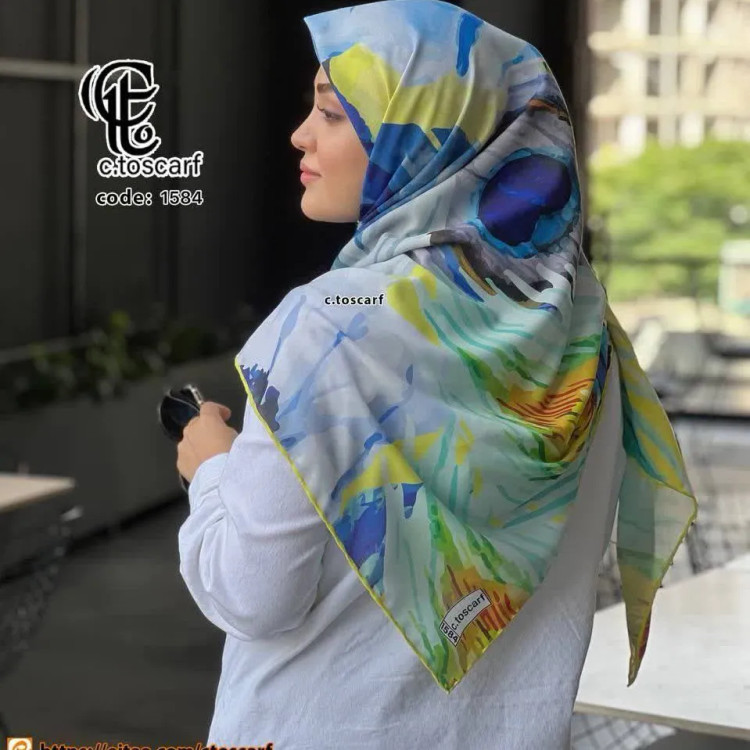 روسری طرح پر آبرنگی نخی قواره بزرگ 140 سانتیمتر چرخدوز شیک و کاربردی