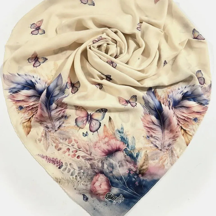روسری طرح پردیس سایز 140، جنس نخ کاستوم، طرح پروانه و پر، چرخ دوز، شال و روسری زنانه
