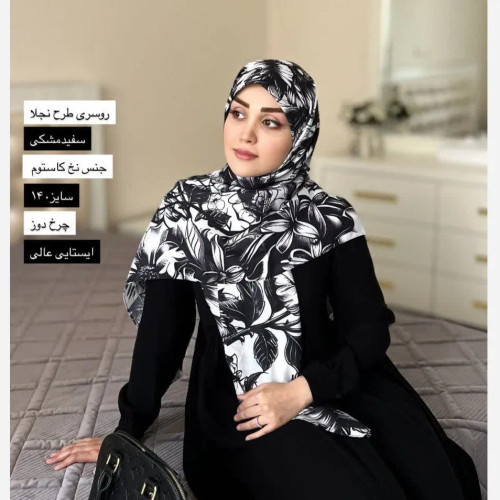 شال و روسری طرح گل و پروانه سفید مشکی نخی اعلا