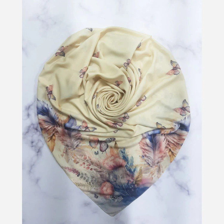 روسری طرح پردیس سایز 140، جنس نخ کاستوم، طرح پروانه و پر، چرخ دوز، شال و روسری زنانه