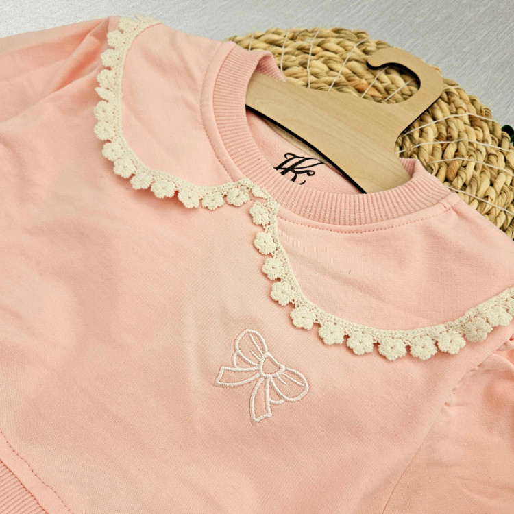 پیراهن دخترانه مجلسی یقه گرد دانتل دار پاپیون دار مناسب 2 تا 9 سال