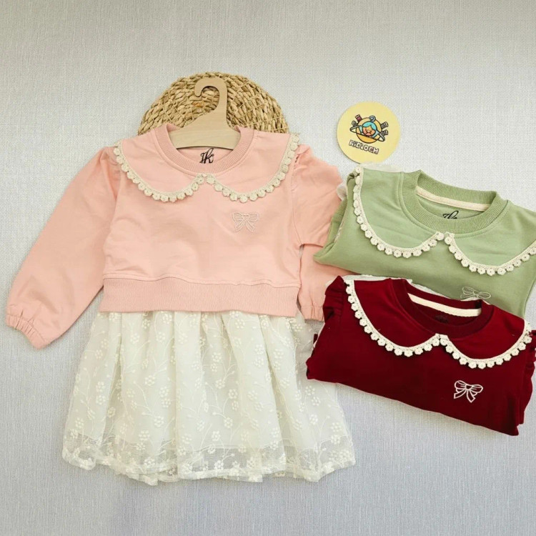 پیراهن دخترانه مجلسی یقه گرد دانتل دار پاپیون دار مناسب 2 تا 9 سال