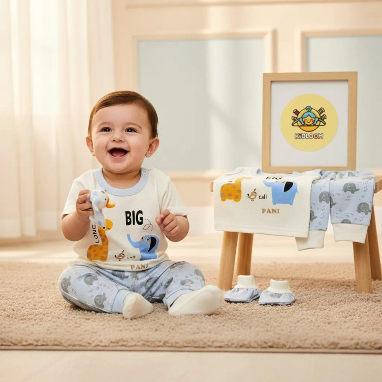 لباس نوزاد پسرانه و دخترانه طرح فیل و زرافه - ست 4 تکه پنبه ای - مناسب 0 تا 9 ماه