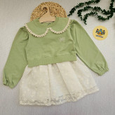 پیراهن دخترانه مجلسی یقه گرد دانتل دار پاپیون دار مناسب 2 تا 9 سال