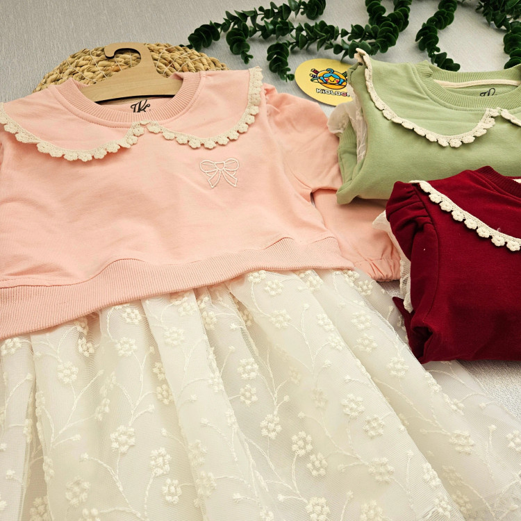 پیراهن دخترانه مجلسی یقه گرد دانتل دار پاپیون دار مناسب 2 تا 9 سال