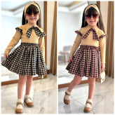 ست بلوز و دامن دخترانه طرح hounds tooth مخمل و فانریپ مناسب 2 تا 13 سال