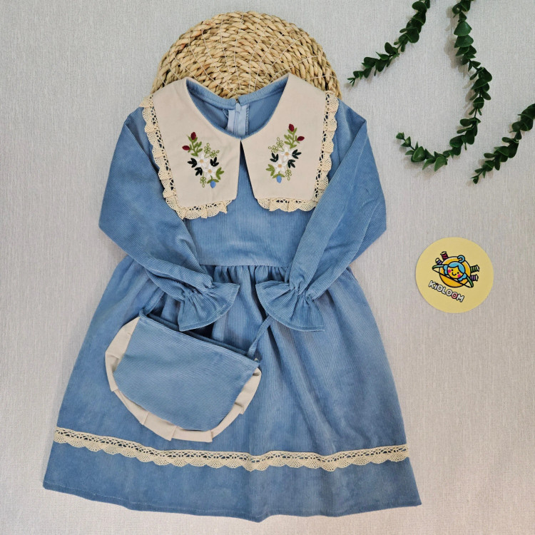 پیراهن مخمل کبریتی دخترانه یقه گلدوزی شده با کیف ست | لباس مجلسی کودک