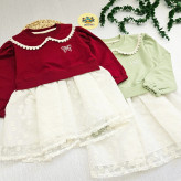 پیراهن دخترانه مجلسی یقه گرد دانتل دار پاپیون دار مناسب 2 تا 9 سال