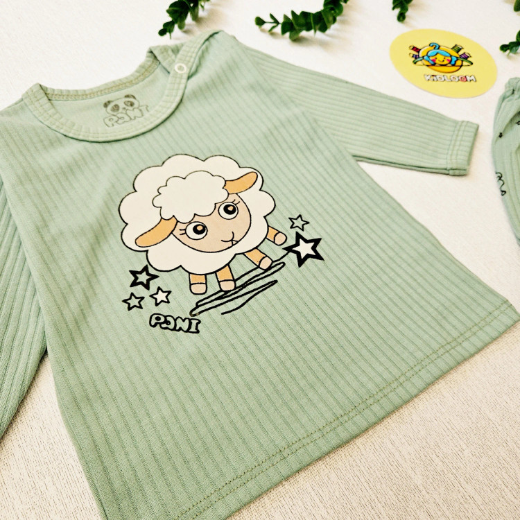 ست لباس راحتی نوزاد طرح گوسفند کبریتی پنبه ای نرم و کشی مناسب 0 تا 24 ماه