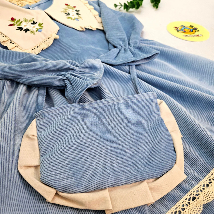 پیراهن مخمل کبریتی دخترانه یقه گلدوزی شده با کیف ست | لباس مجلسی کودک