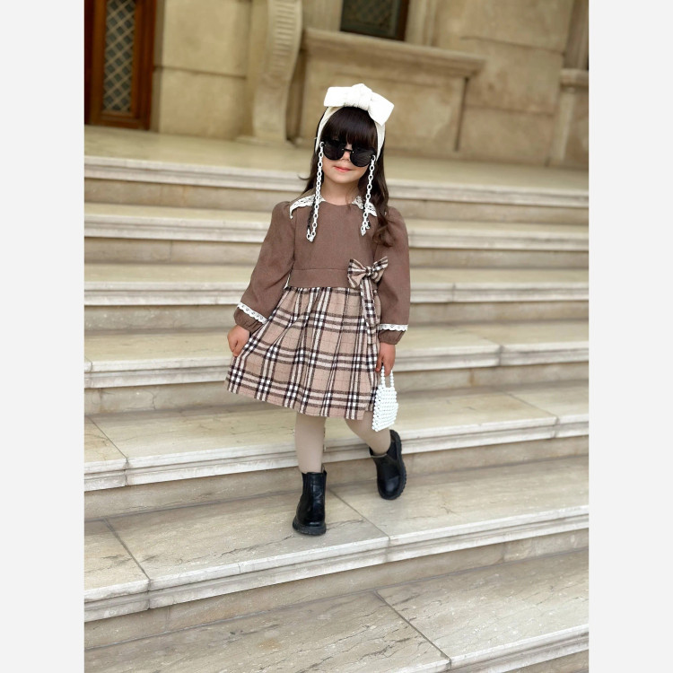 پیراهن دخترانه مخمل کبریتی و چهارخانه با گیپور و پاپیون | مناسب 2 تا 12 سال