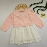 پیراهن دخترانه مجلسی یقه گرد دانتل دار پاپیون دار مناسب 2 تا 9 سال