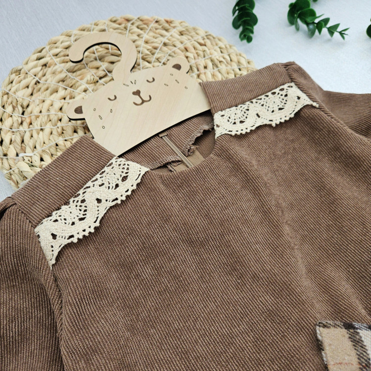 پیراهن دخترانه مخمل کبریتی و چهارخانه با گیپور و پاپیون | مناسب 2 تا 12 سال