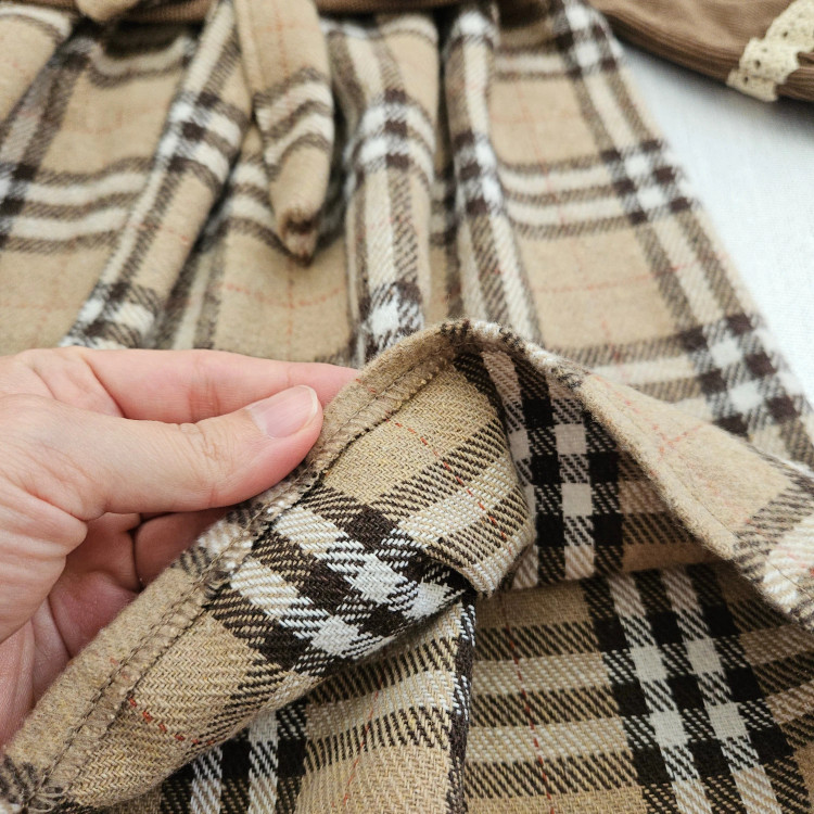 پیراهن دخترانه مخمل کبریتی و چهارخانه با گیپور و پاپیون | مناسب 2 تا 12 سال