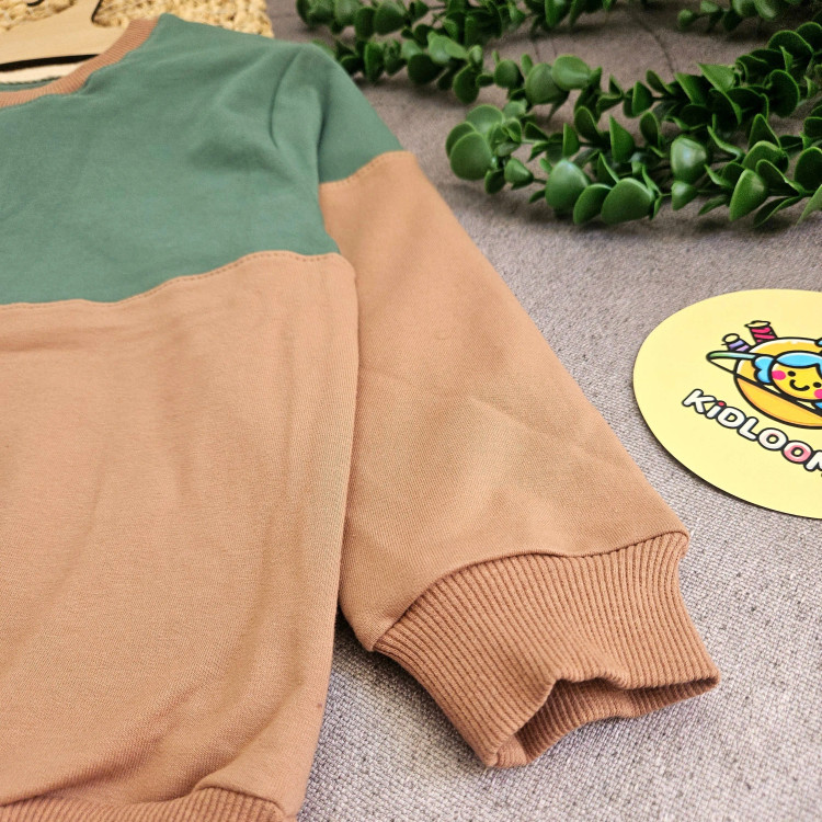 بلوز دورس پنبه لاکرا بچگانه طرح دو رنگ سبز و قهوهای مناسب 1 تا 10 سال