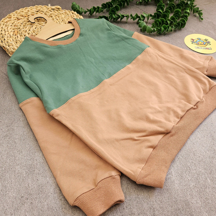 بلوز دورس پنبه لاکرا بچگانه طرح دو رنگ سبز و قهوهای مناسب 1 تا 10 سال