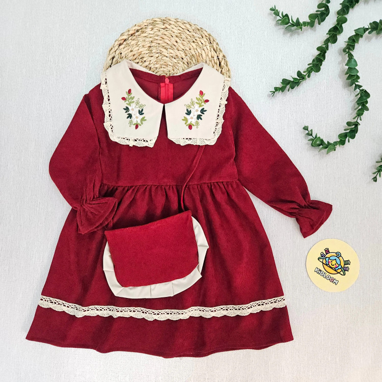 پیراهن مخمل کبریتی دخترانه یقه گلدوزی شده با کیف ست | لباس مجلسی کودک