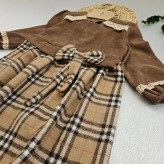 پیراهن دخترانه مخمل کبریتی و چهارخانه با گیپور و پاپیون | مناسب 2 تا 12 سال