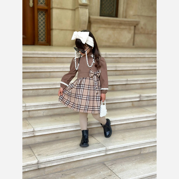 پیراهن دخترانه مخمل کبریتی و چهارخانه با گیپور و پاپیون | مناسب 2 تا 12 سال