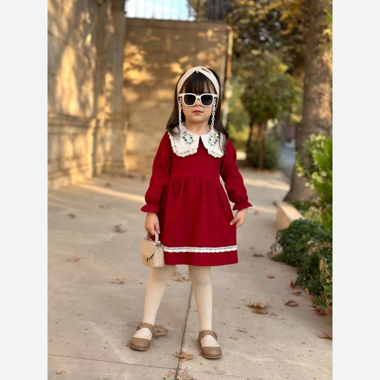 پیراهن مخمل کبریتی دخترانه یقه گلدوزی شده با کیف ست | لباس مجلسی کودک