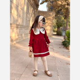 پیراهن مخمل کبریتی دخترانه یقه گلدوزی شده با کیف ست | لباس مجلسی کودک