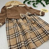 پیراهن دخترانه مخمل کبریتی و چهارخانه با گیپور و پاپیون | مناسب 2 تا 12 سال