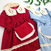 پیراهن مخمل کبریتی دخترانه یقه گلدوزی شده با کیف ست | لباس مجلسی کودک