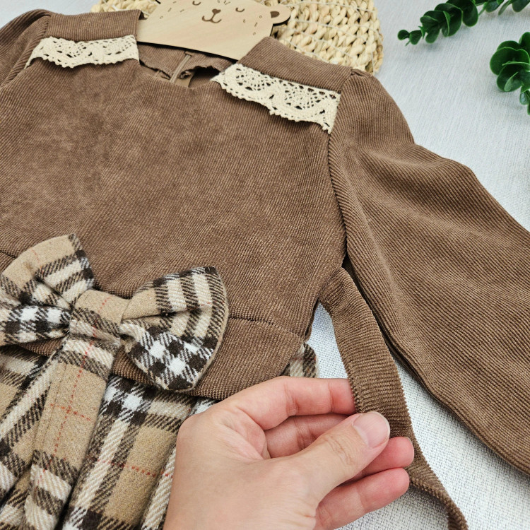 پیراهن دخترانه مخمل کبریتی و چهارخانه با گیپور و پاپیون | مناسب 2 تا 12 سال