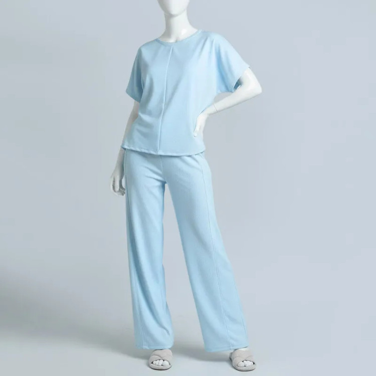 ست تیشرت و شلوار راحتی زنانه ویسکوز یقه گرد آستین کوتاه طرح ساده آبی ملایم