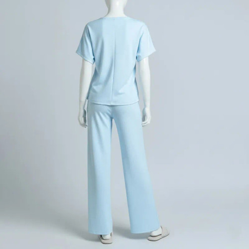 ست تیشرت و شلوار راحتی زنانه ویسکوز یقه گرد آستین کوتاه طرح ساده آبی ملایم