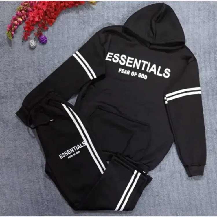 ست هودی شلوار دورس توکرکی طرح ESSENTIALS رنگ مشکی سایز XL و 2XL